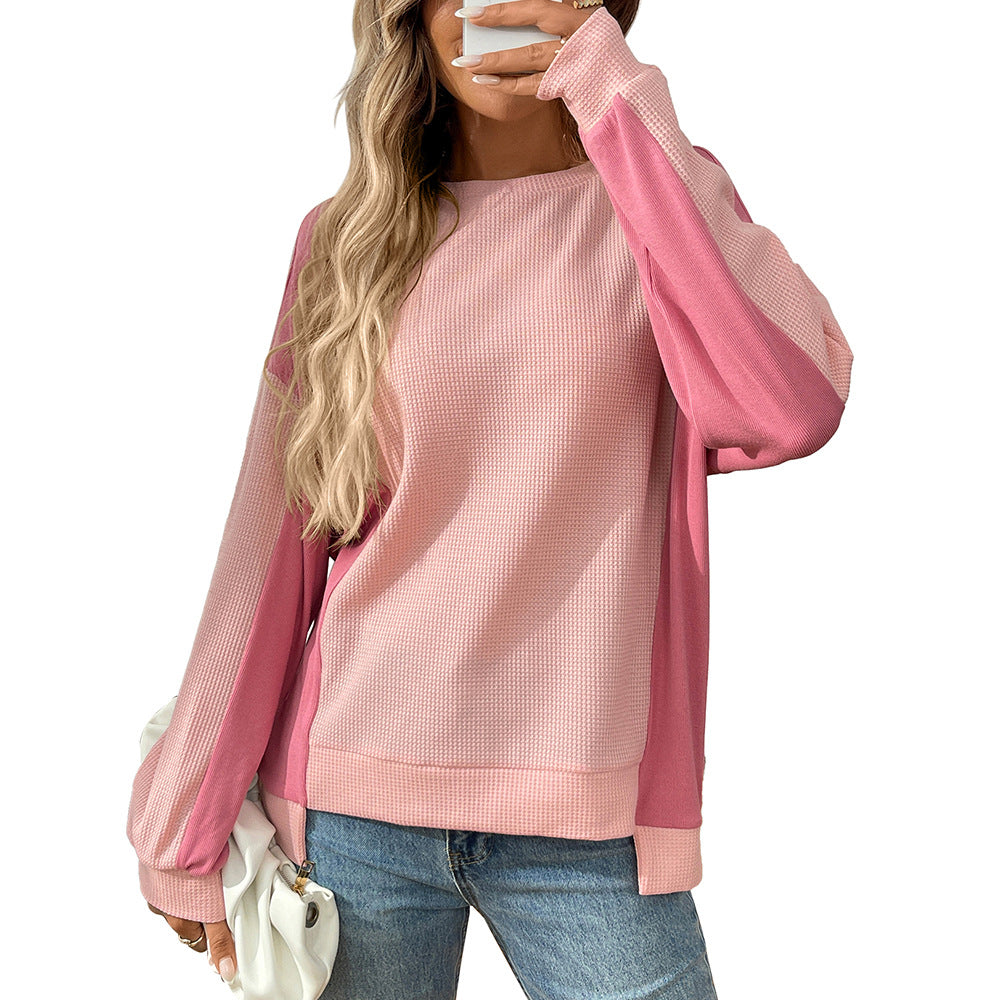 Color Block Waffle Knit Long Sleeve Pullover Top