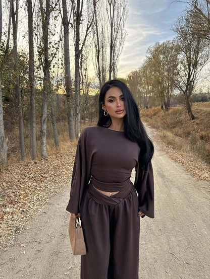 Satin Two Piece Set Ruched Top Wide Leg Pants