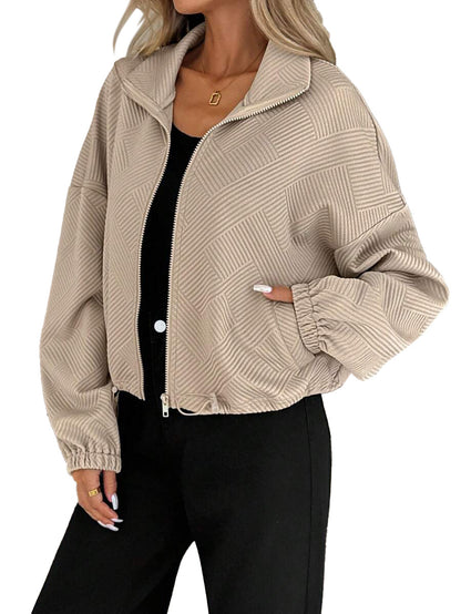 Textured Zip Up Bomber Jacket Drawstring Hem Casual Coat