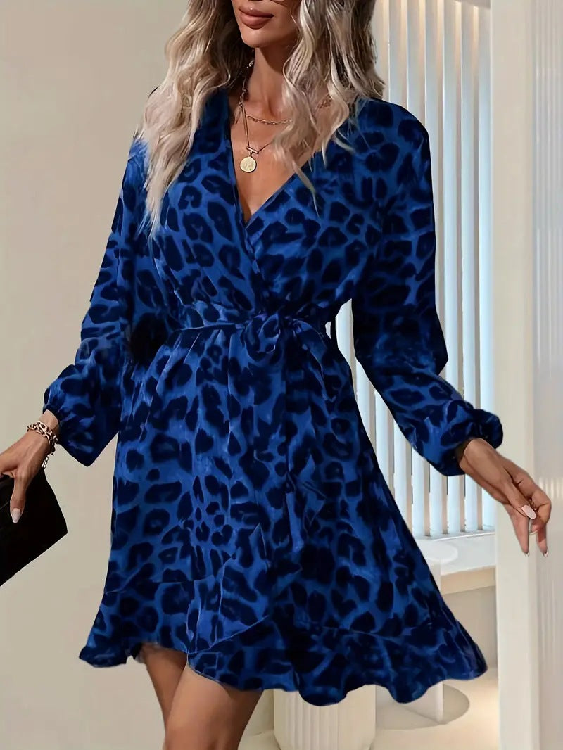 Leopard Print V-Neck Long Sleeve Tie Waist Ruffle Dress