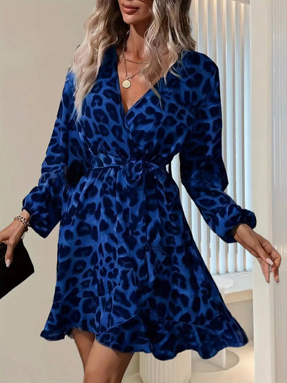 Leopard Print V-Neck Long Sleeve Tie Waist Ruffle Dress