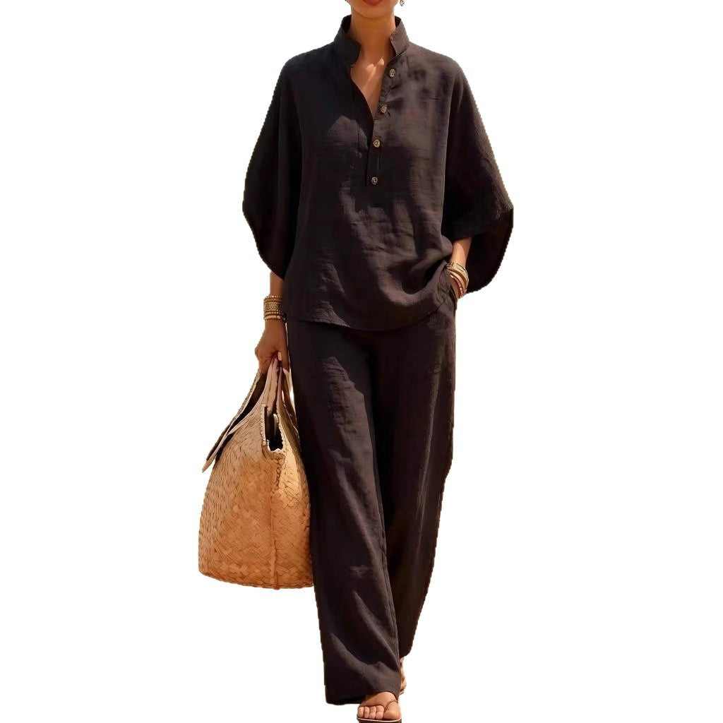 Solid linen blend shirt and wide leg pants set