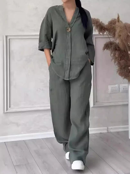 Women's Linen Blend Lounge Set Wide Leg Pants Button Top