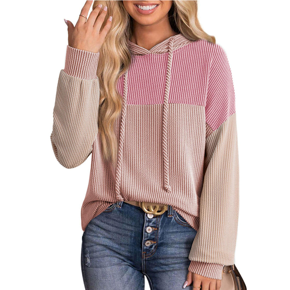 Color Block Ribbed Knit Hoodie Long Sleeve Sweatshirt