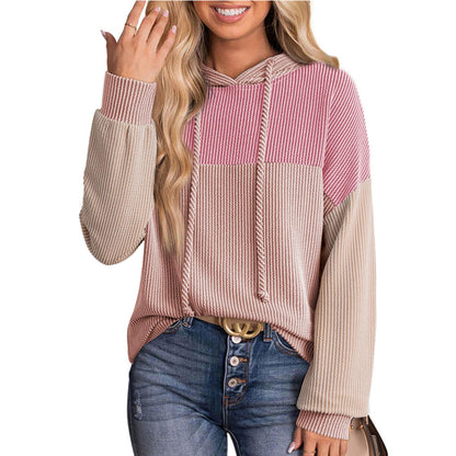 Color Block Ribbed Knit Hoodie Long Sleeve Sweatshirt