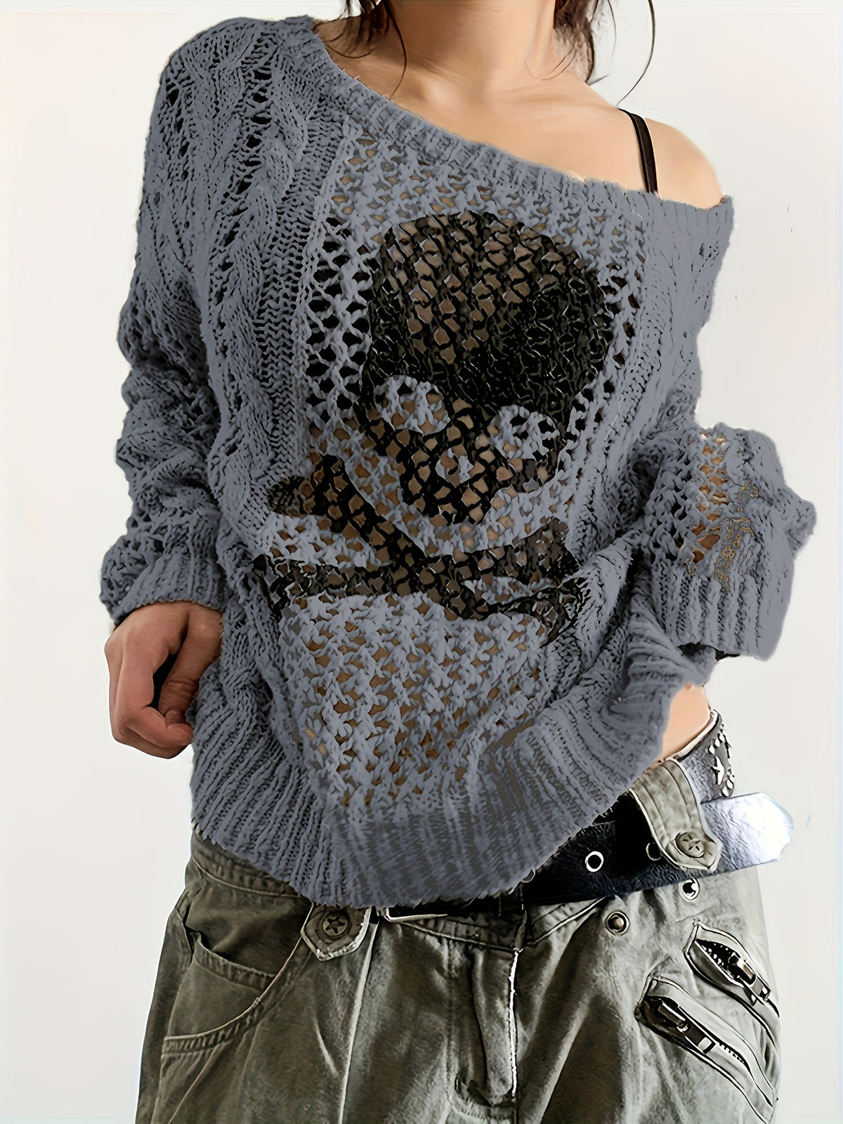 Y2K Gothic Skull Open Knit Oversized Sweater