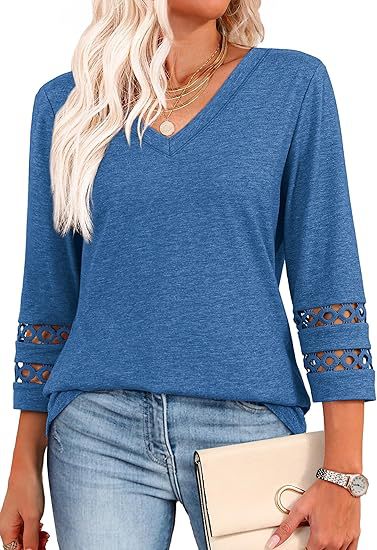White V-Neck Lace Sleeve Casual Knit Top for Women