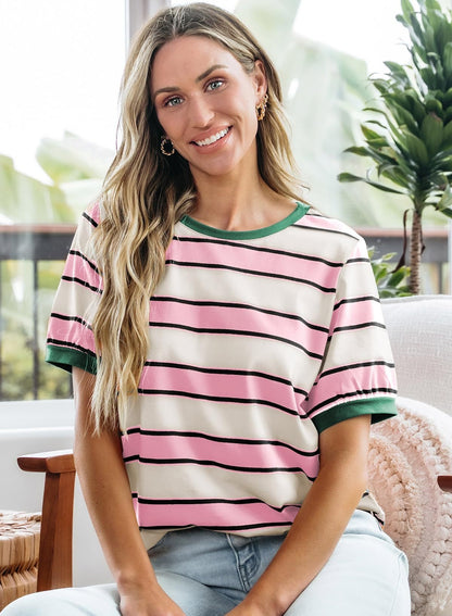 Women Striped Color Block Tee Casual Loose Fit Summer Top