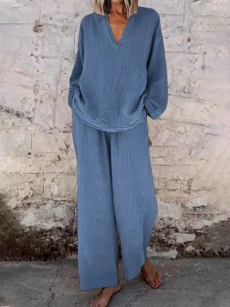 Women's Solid V Neck Wide Leg Pants Casual Two Piece Set