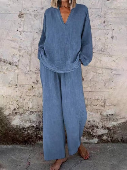Women's Solid V Neck Wide Leg Pants Casual Two Piece Set