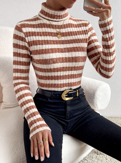 Women's Ribbed Striped Turtleneck Sweater Fitted Long Sleeve