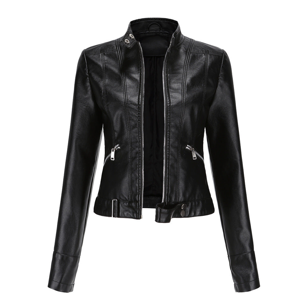 Women's Cropped Faux Leather Moto Jacket Stand Collar