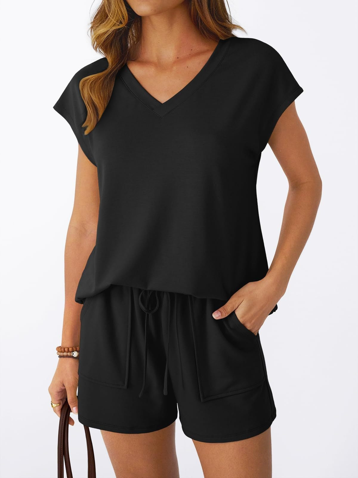 V Neck Casual Lounge Set Short Sleeve Top and Shorts