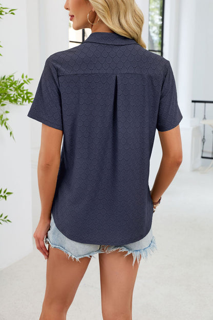 V Neck Polo Shirt Textured Knit Pocket Casual Top