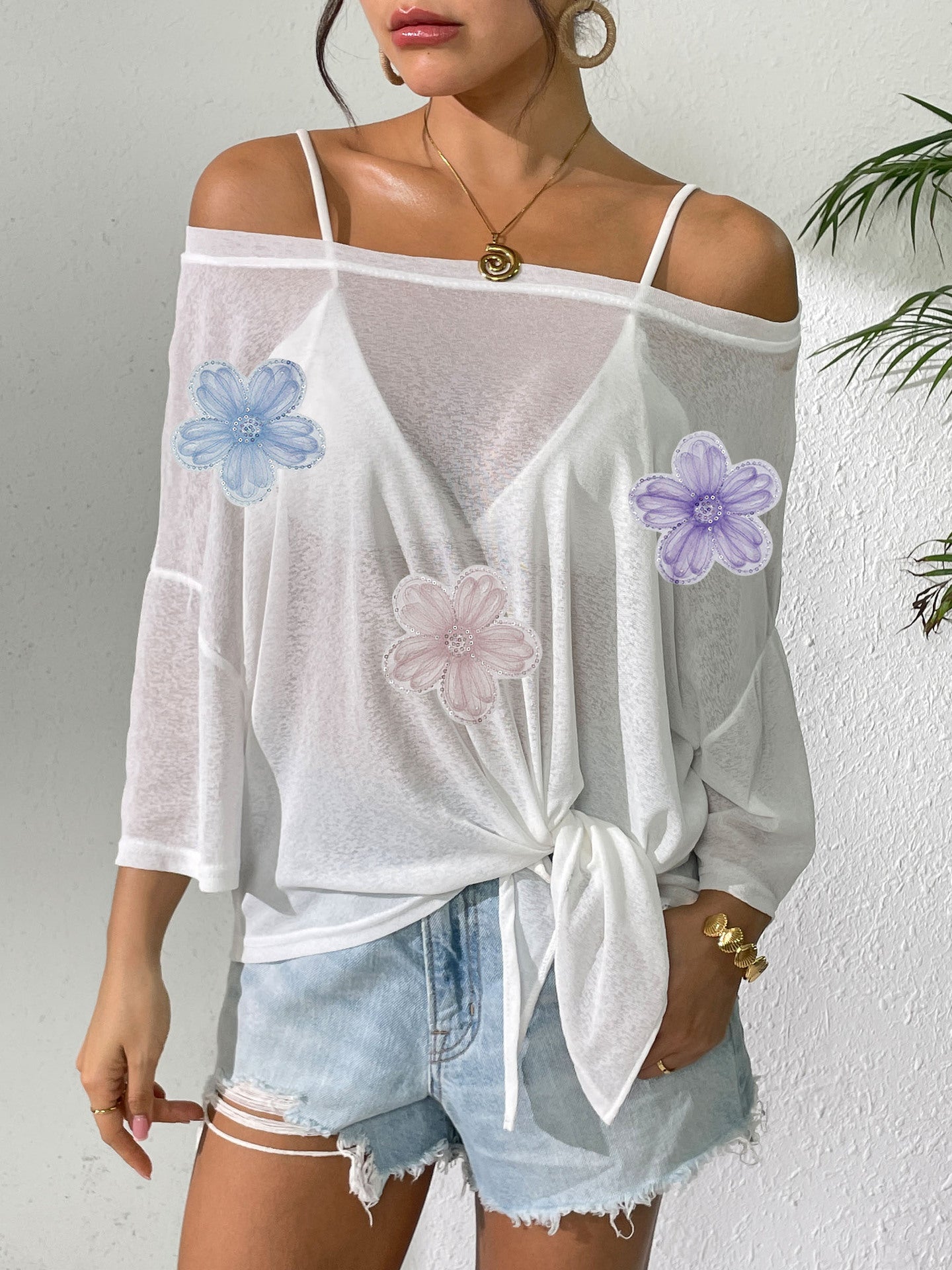Women's Sheer Tie Front Beach Cover Up Lace Floral Top