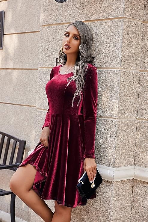 Women's Velvet Fit and Flare Long Sleeve Mini Dress
