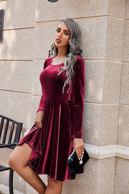 Women's Velvet Fit and Flare Long Sleeve Mini Dress