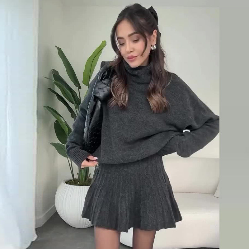 Oversized Turtleneck Sweater Skirt Two Piece Set