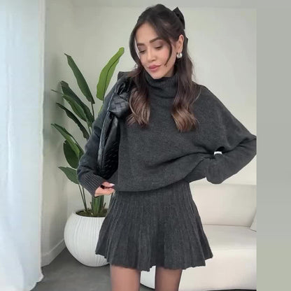 Oversized Turtleneck Sweater Skirt Two Piece Set