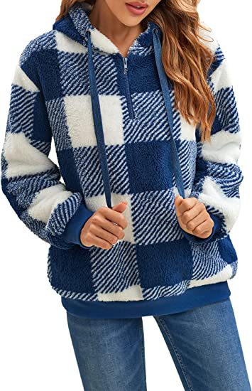 Women's Plaid Sherpa Hoodie Oversized Fleece Pullover