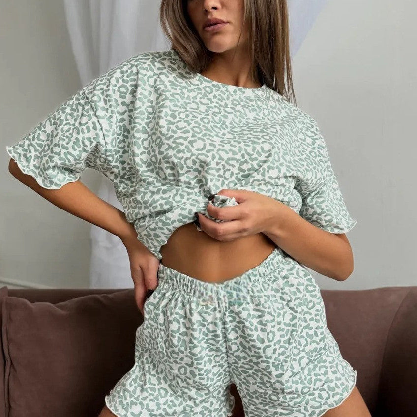 Leopard Print Pajama Set Ruffle Trim Shorts Loungewear