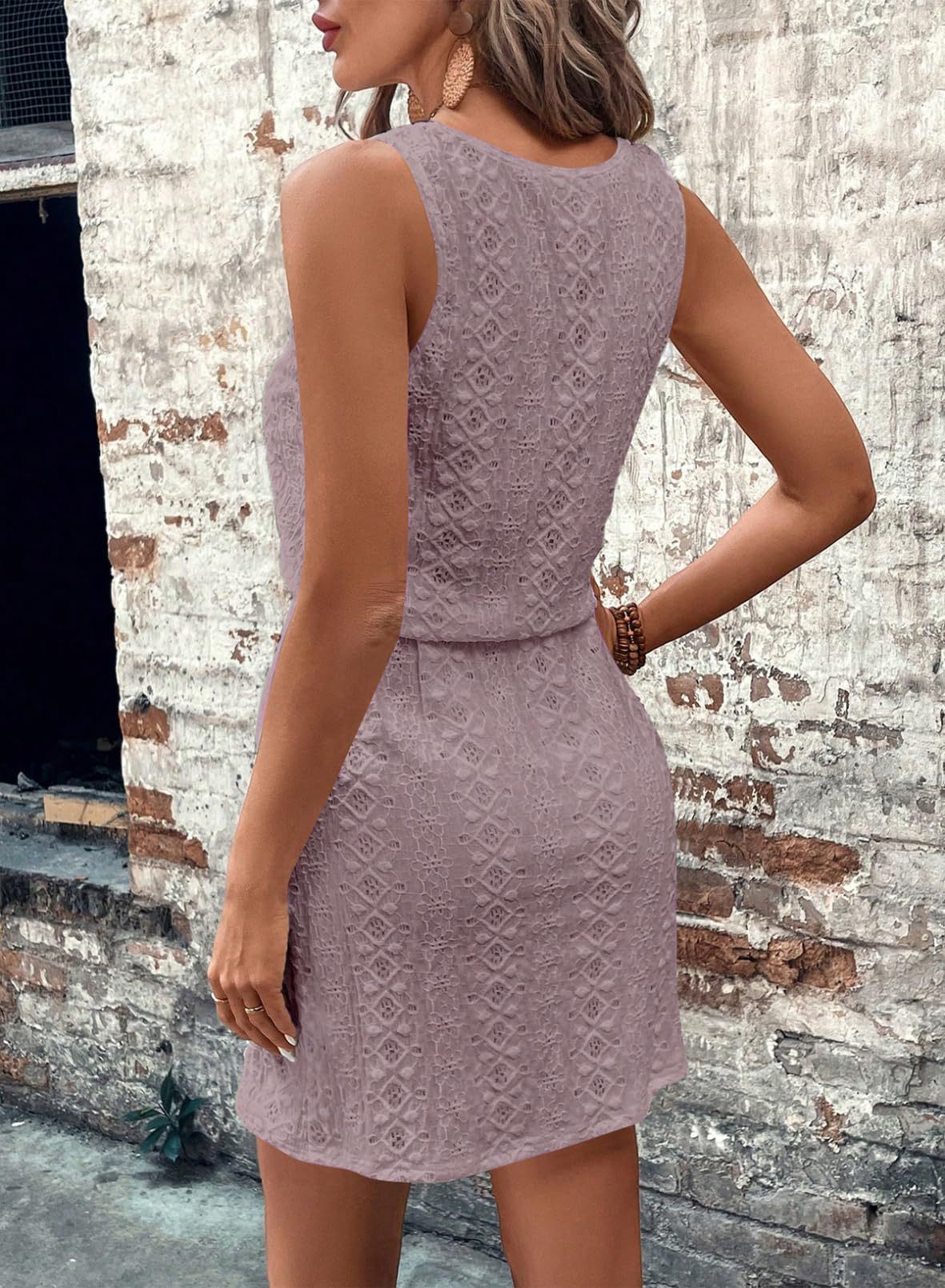 White Square Neck Drawstring Sleeveless Lace Dress