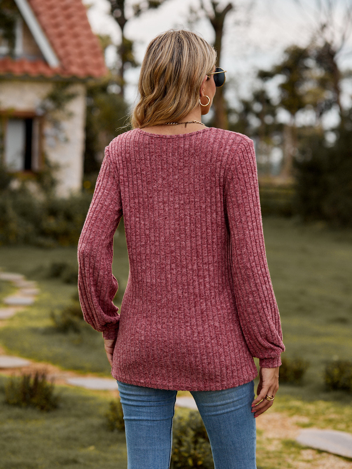Ribbed Button Front Long Sleeve Knit Top for Women