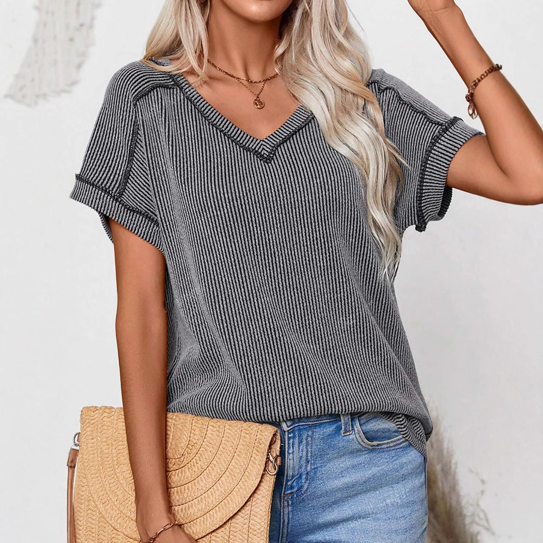 Women's V Neck Short Sleeve Ribbed Loose Casual T-Shirt