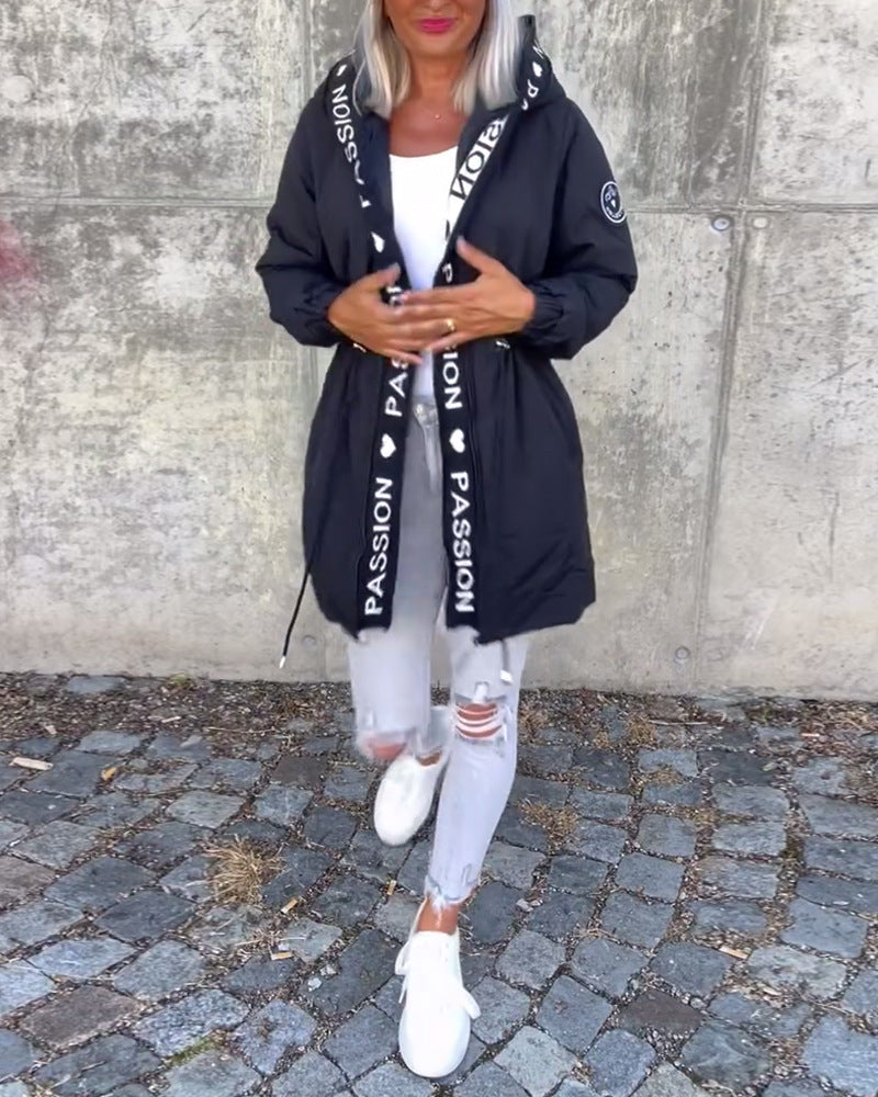 Women Hooded Long Puffer Jacket Letter Tape Drawstring Coat