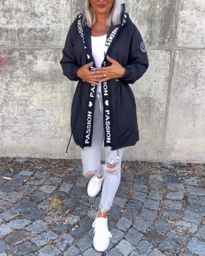 Women Hooded Long Puffer Jacket Letter Tape Drawstring Coat