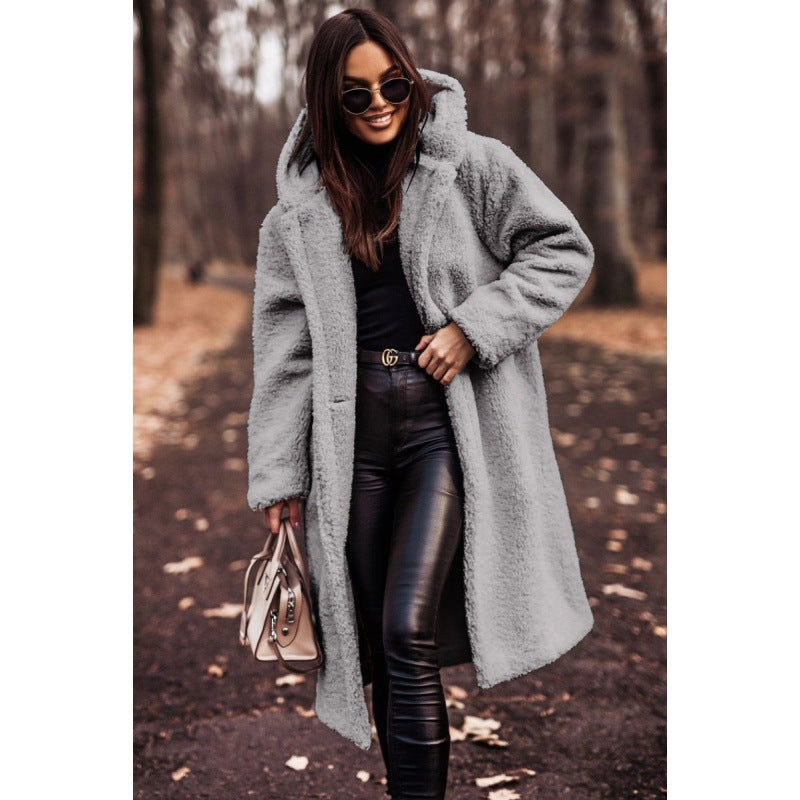 Hooded Sherpa Fleece Long Coat with Pockets