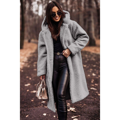 Hooded Sherpa Fleece Long Coat with Pockets