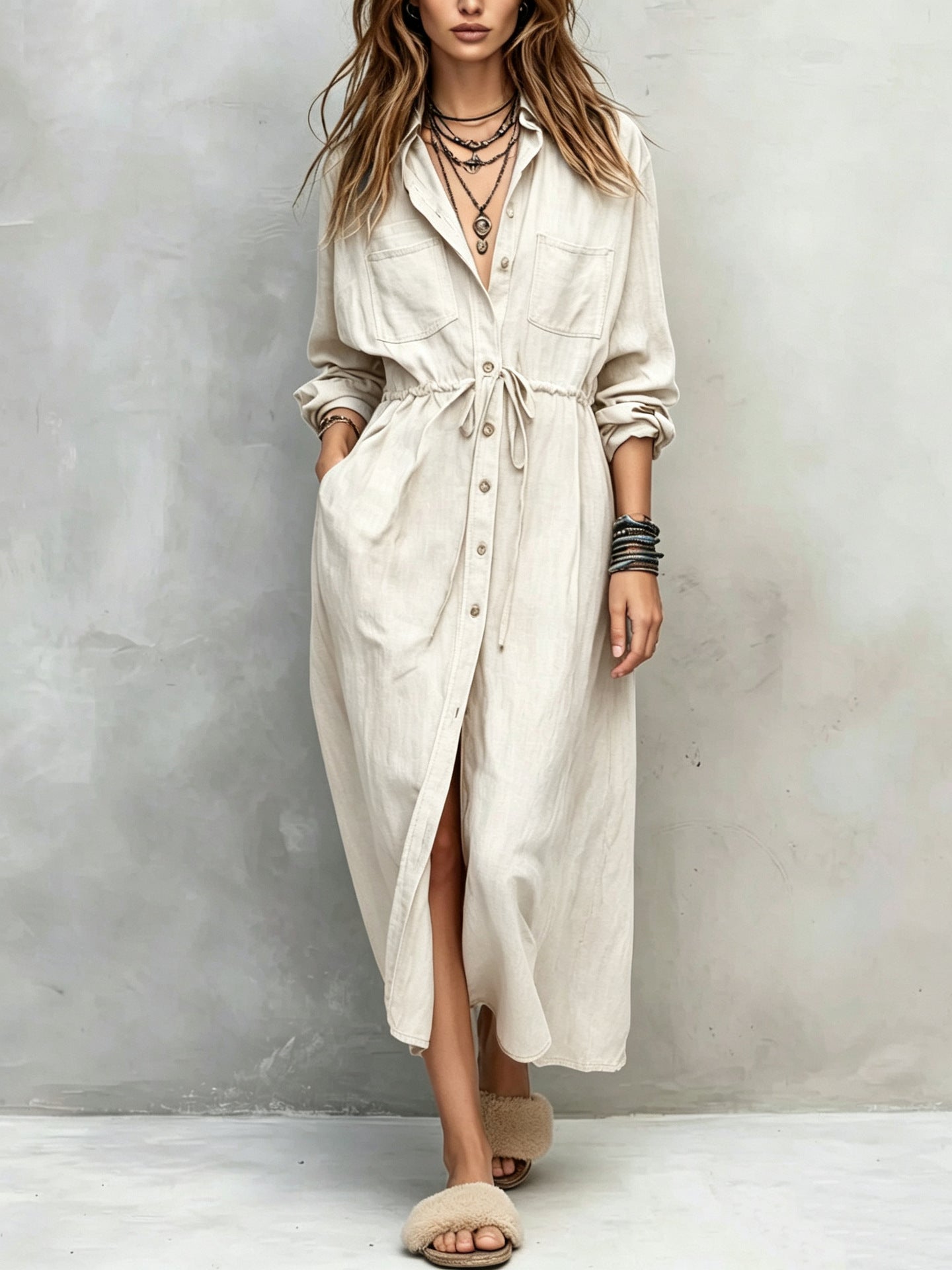 Women Long Sleeve Button Down Shirt Dress Drawstring Midi