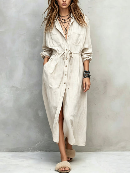 Women Long Sleeve Button Down Shirt Dress Drawstring Midi