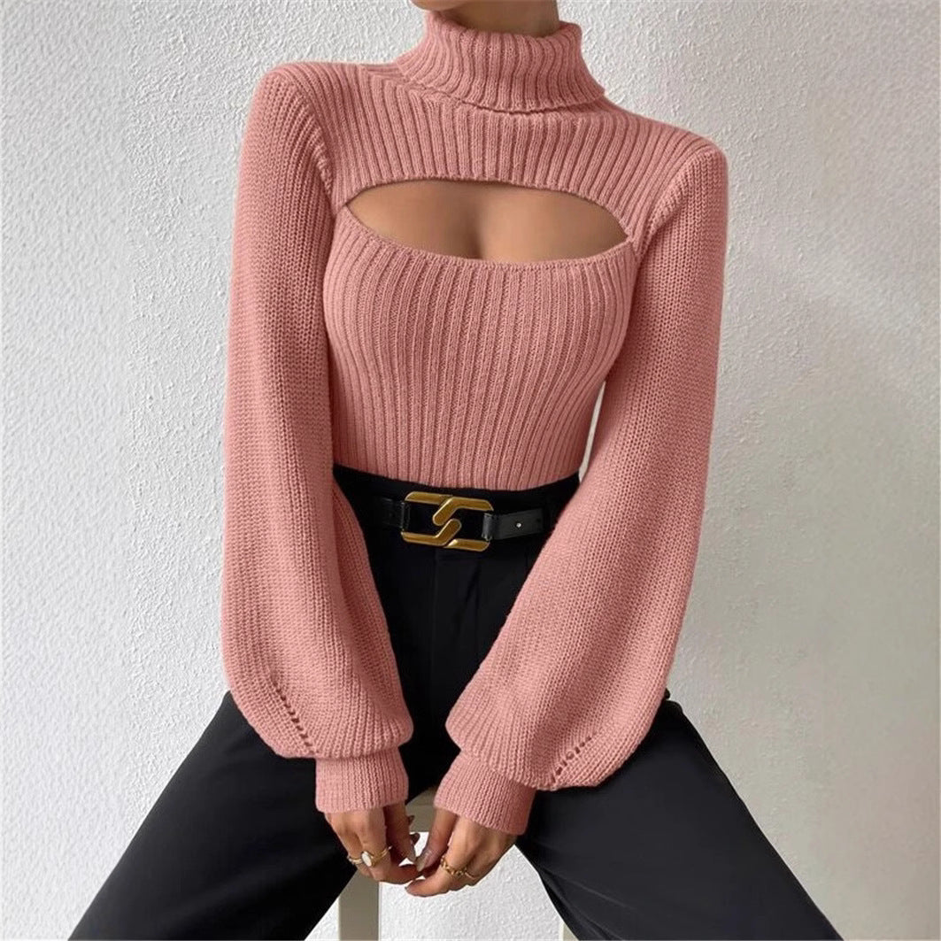 Cutout Turtleneck Ribbed Sweater Long Sleeve Top