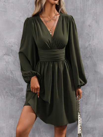 Women's V-Neck Balloon Sleeve Ruched Waist A-Line Dress