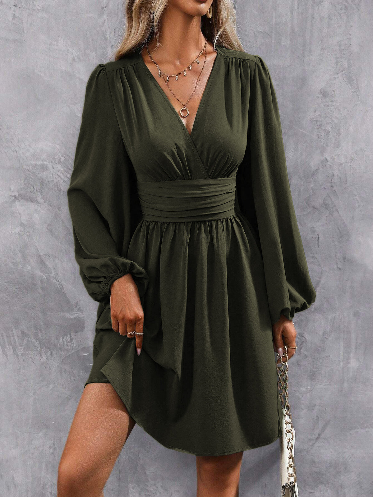 Women's Puff Sleeve Ruched Waist A-Line Midi Dress