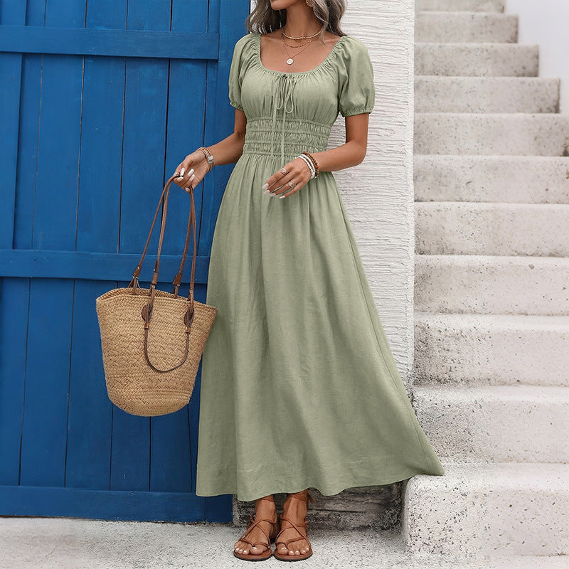 Spring Summer Puff Sleeve Maxi Dress French Elegance