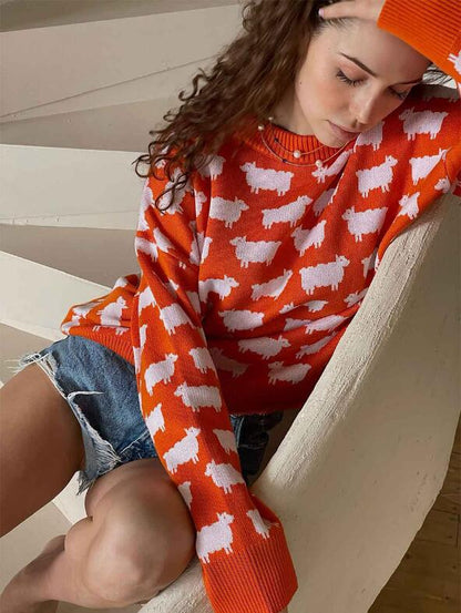 Oversized Crewneck Sheep Print Knit Sweater