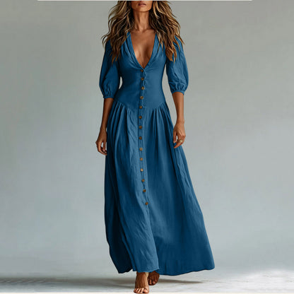 Cotton Button Down Maxi Dress Puff Sleeve V Neck Summer