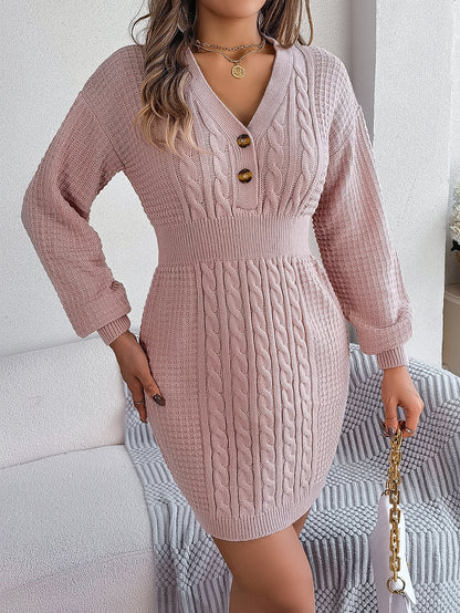 Button V Neck Sweater Dress | Cable Knit Bodycon Outfit