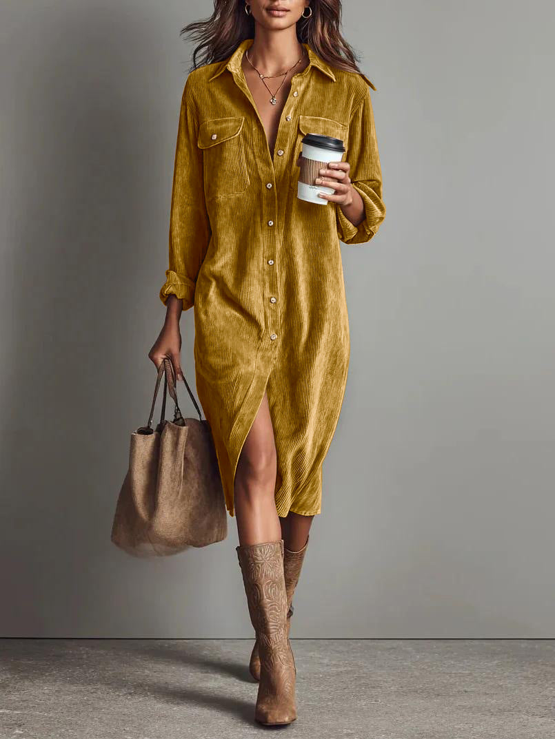 Women's Corduroy Shirt Dress Long Sleeve Button Down Midi
