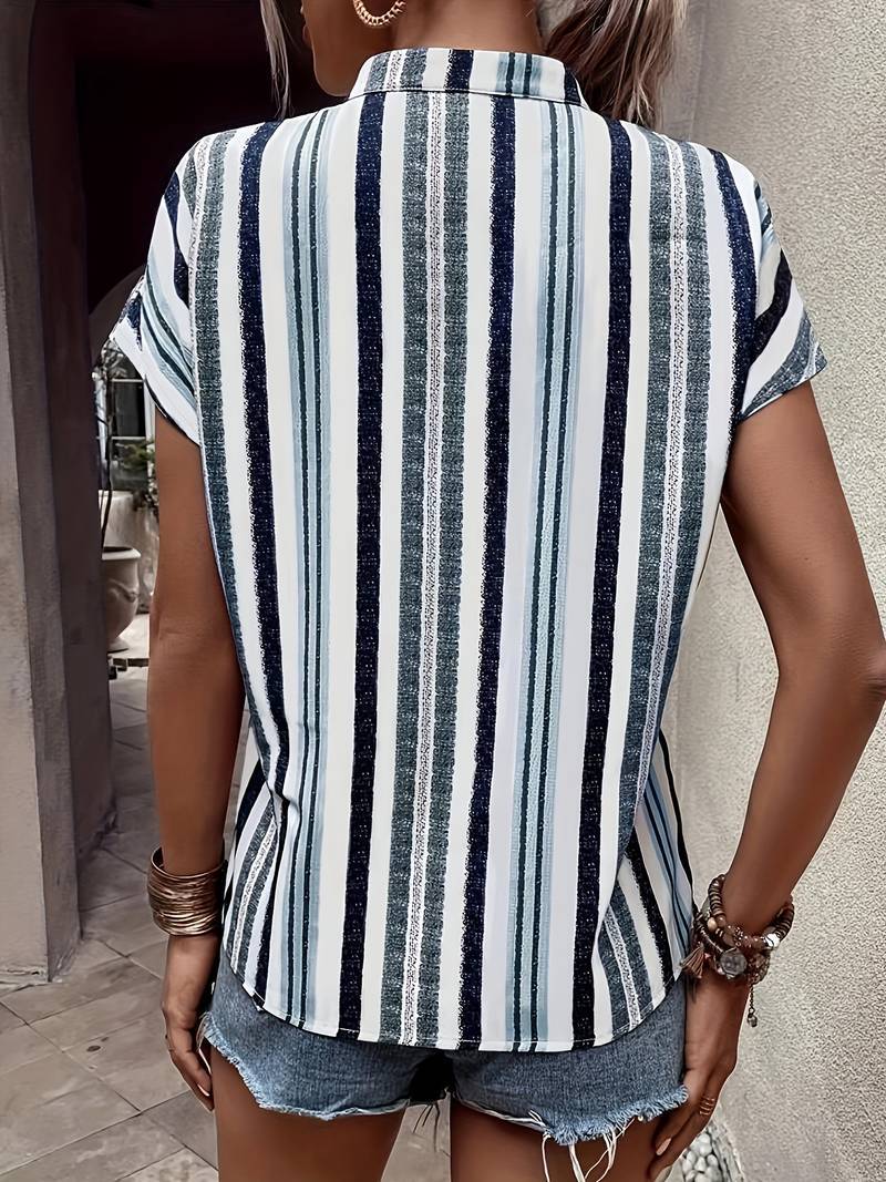 Striped V-Neck Batwing Sleeve Blouse for Women