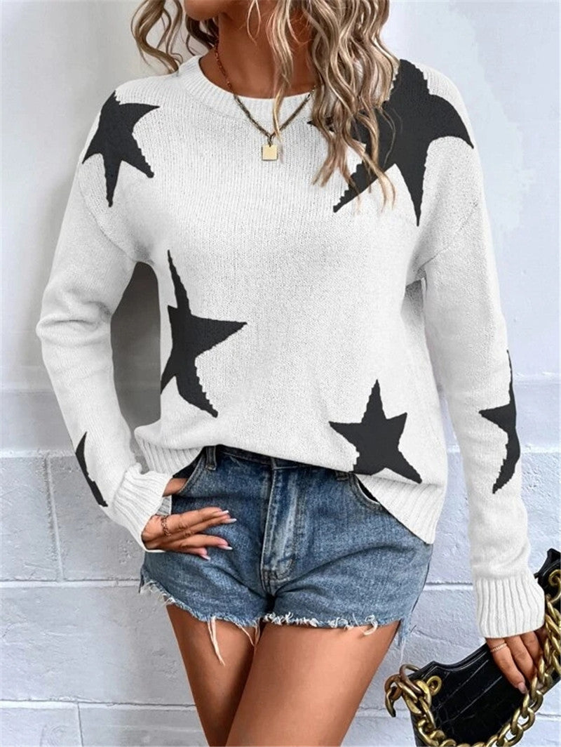 Oversized Star Crew Neck Knit Sweater