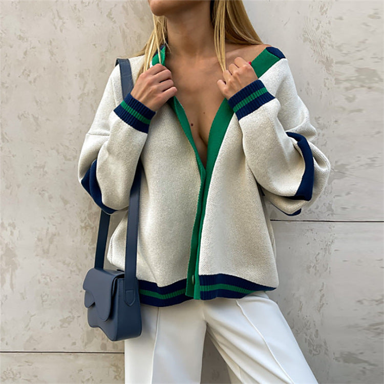 Women's Oversized Color Block V-Neck Cardigan