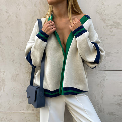 Women's Oversized Color Block V-Neck Cardigan