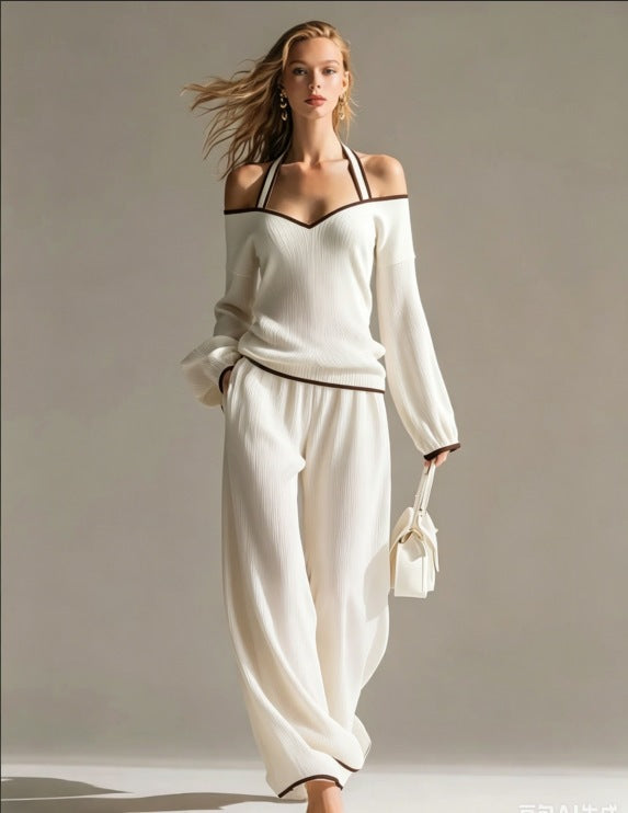 Off Shoulder Contrast Trim Knit Top and Pants Set