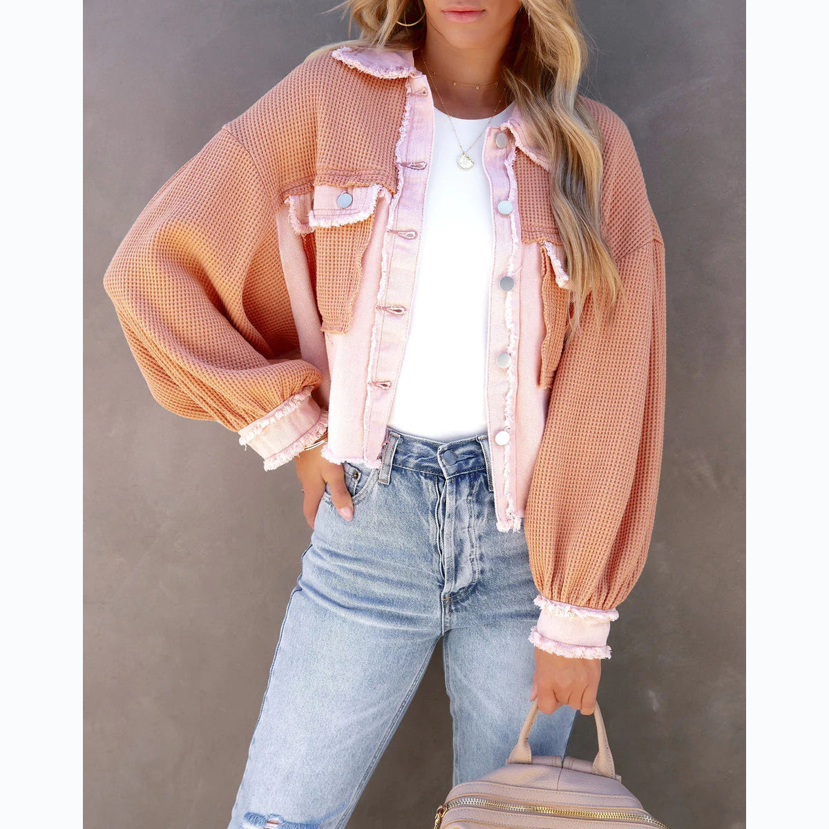 Women's Waffle Knit Patchwork Shacket Distressed Hem