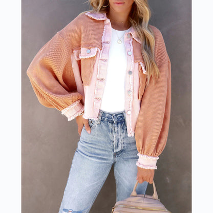 Women's Waffle Knit Patchwork Shacket Distressed Hem