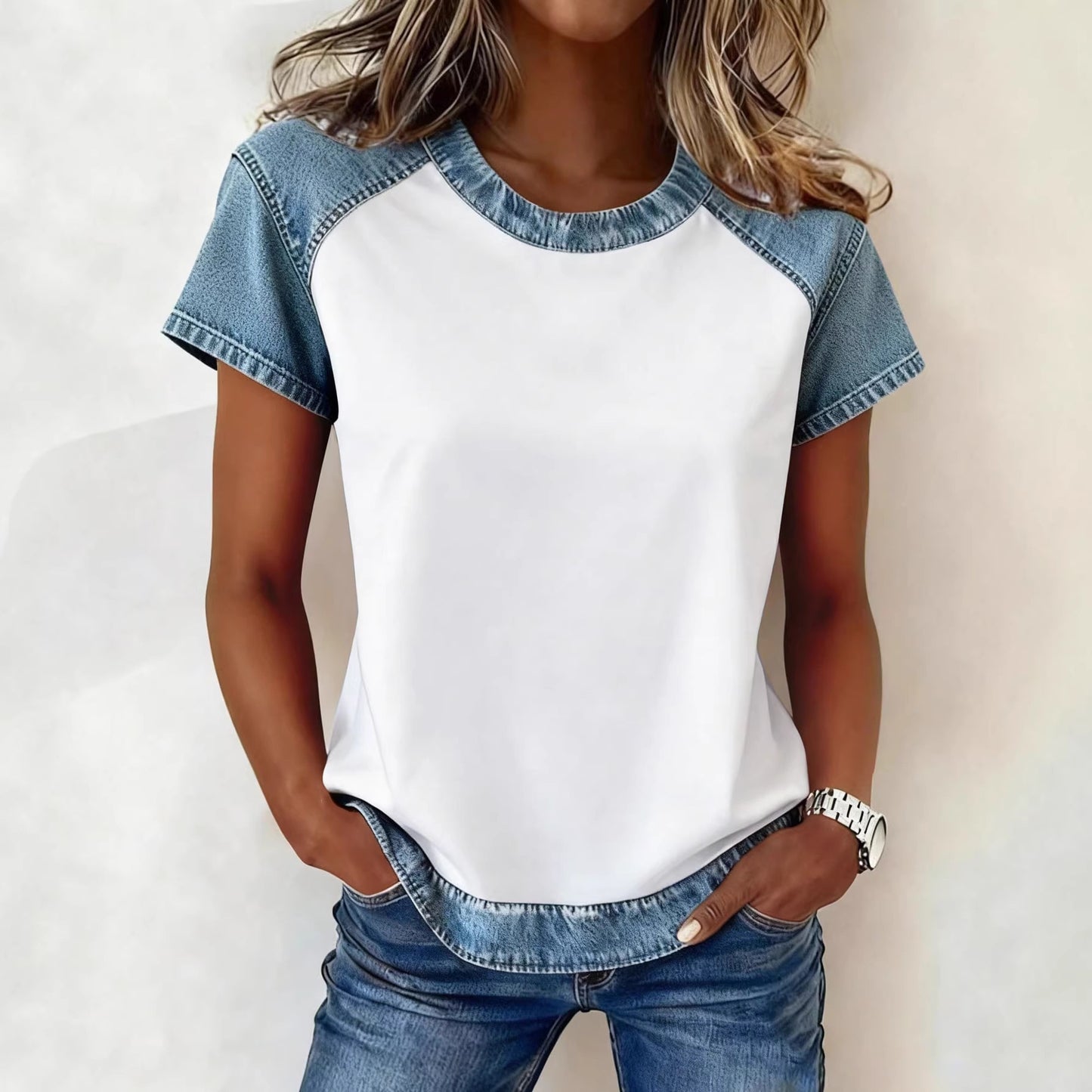 Cow Print Colorblock Crew Neck Casual Tee